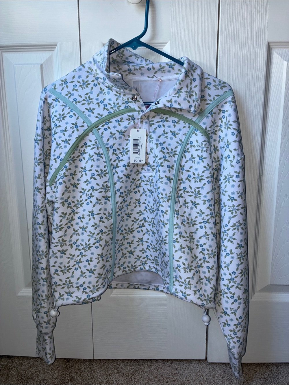 NWT Simply Southern White with Blue Floral Quarter-Snap Pullover with Green Trim